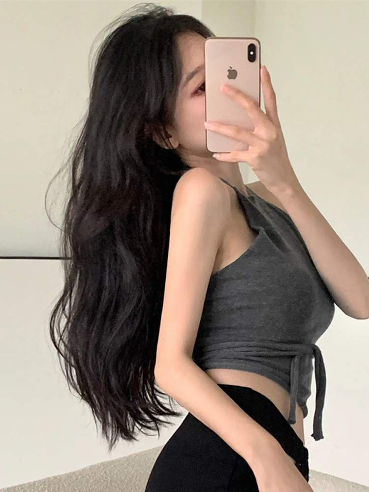 Korean Style Pure Desire Sweet Crop Top Women Tank Top Y2K Halter Tie Backless Knit Sleeveless Vest Figure Flattering Outer Cami