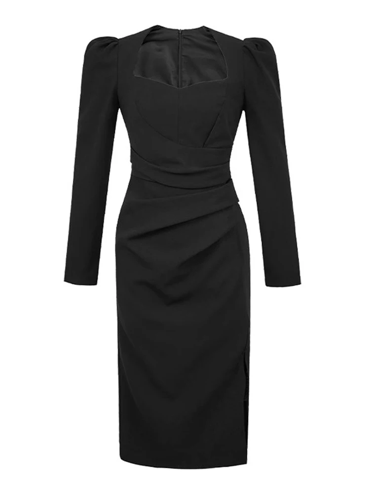 New Fashion Work Style Black Long Pencil Dress abbigliamento donna elegante pendolare colletto quadrato Slim Midi Robe Mujer Ladies Vestidos