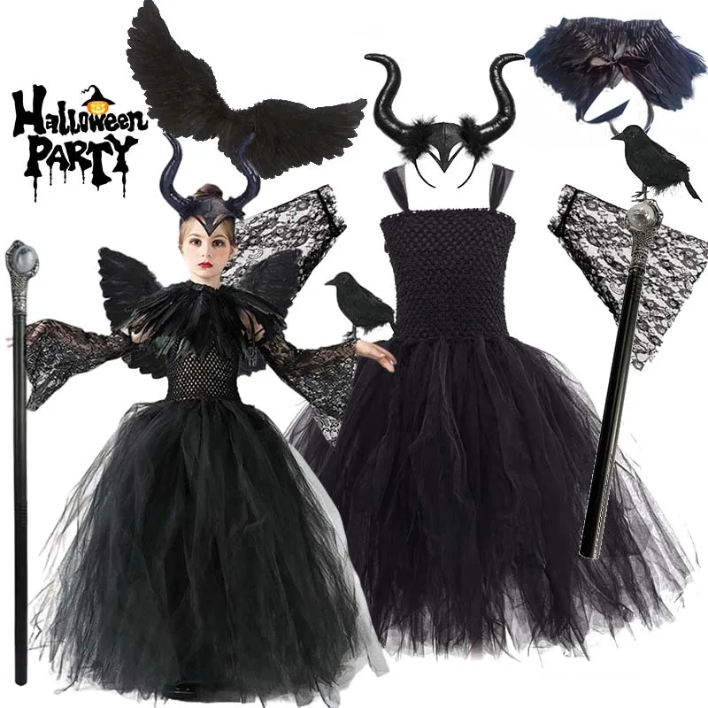 Little Kids Black Evil Witch Maleficent Fancy Dress Full Accessories Horns Wings Staff For Trick Or Treat School Stage Costume