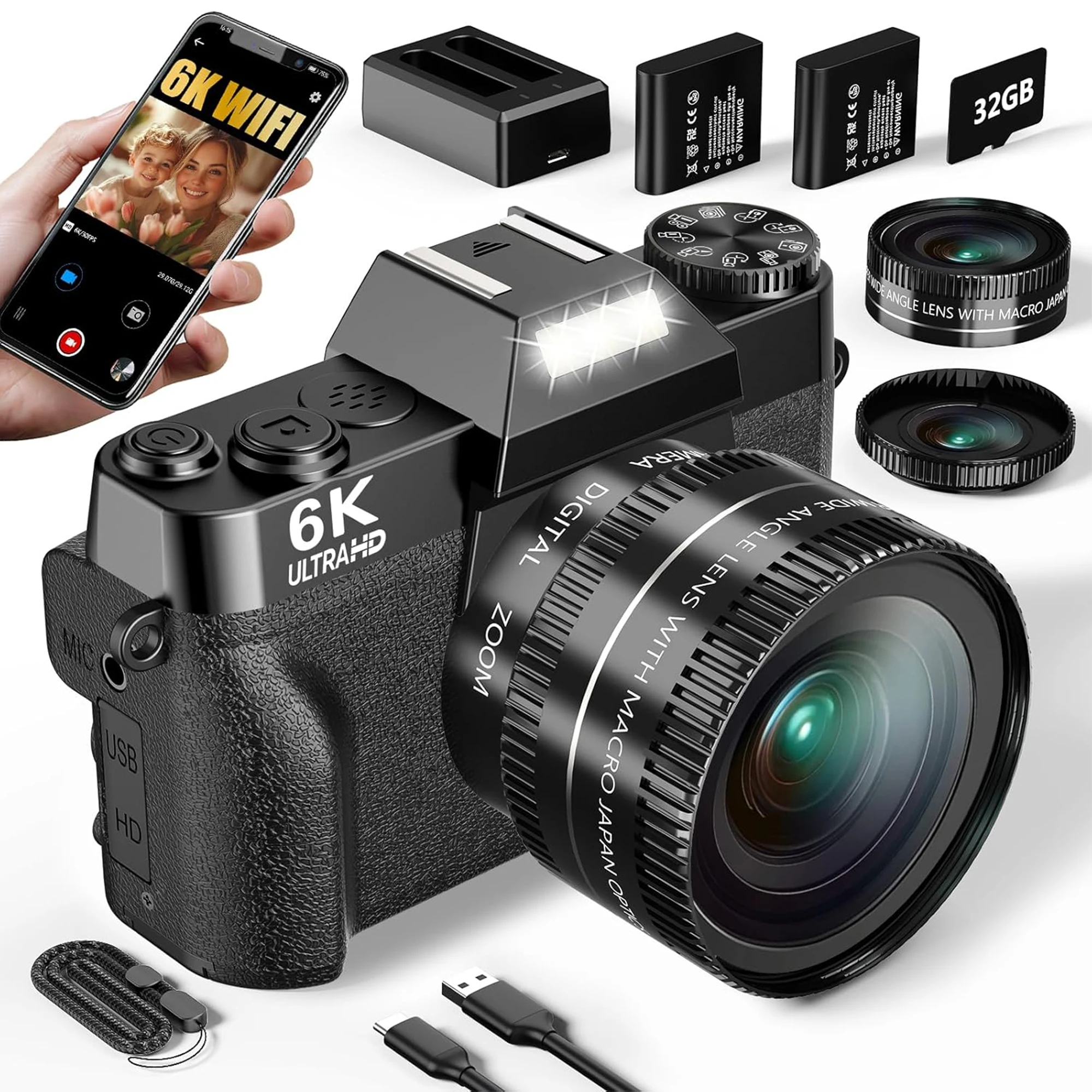 

6K Digital Photography Camera 16X Digital Zoom 64MP Compact Vlog Video Recorder YouTube 180° Flip Screen WiFi Web Cam With Flash