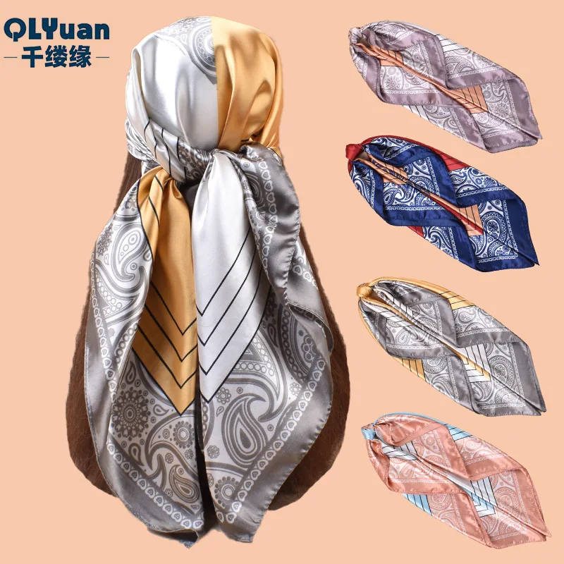 

2026 New 90cm Satin Color Matching Cashew Flower Printed Square Scarf Sunscreen Scarf Elegant Ladies Headscarf Square Scarf