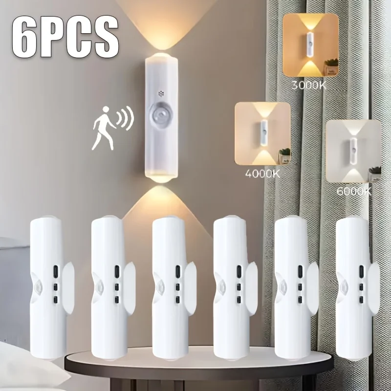 1~6Pcs Rechargeable Smart Motion Sensor Night Light LED Wall Light for Hallways Stairs Bedrooms Wardrobe Ambient Lighting