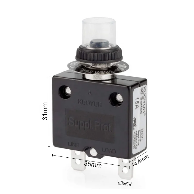 KUOYUH 98 Series 15A Manual Reset Thermal Overload Protector Switch 3A-50A Straight Pin Screw Pin Mini Circuit Breaker
