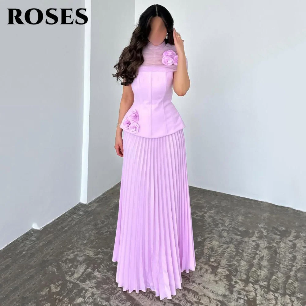 ROSES Abito da ballo in chiffion lilla Fiore 3D e abito da festa plissettato Scollatura trasparente Gamjuku Abito da sera floreale 3D Personalizza