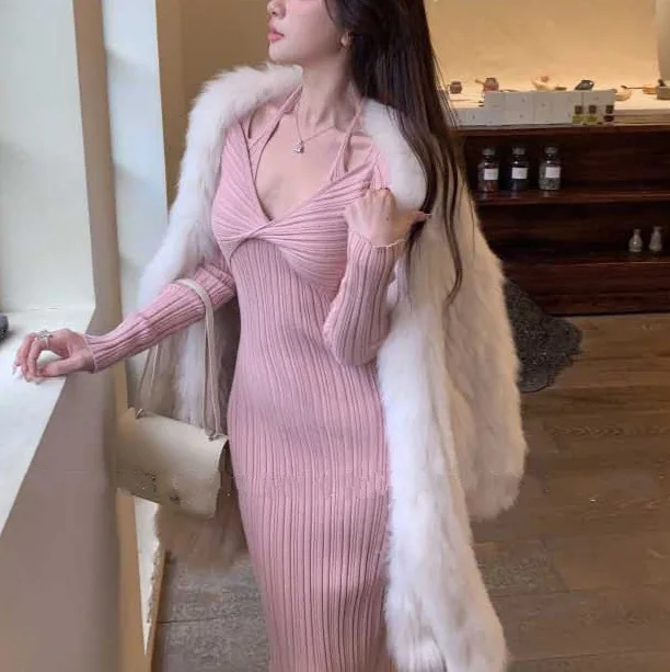 

8148 White Fake Two-Piece Autumn Winter Pure Desire V-Neck Halter Twist Off-Shoulder Bodycon Midi Dress