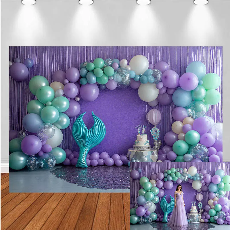 LS Photography Backdrop Purple Mermaid Balloon Arch Decor Birthday Cake Smash Baby Shower Kids Adult Portrait Photo Background