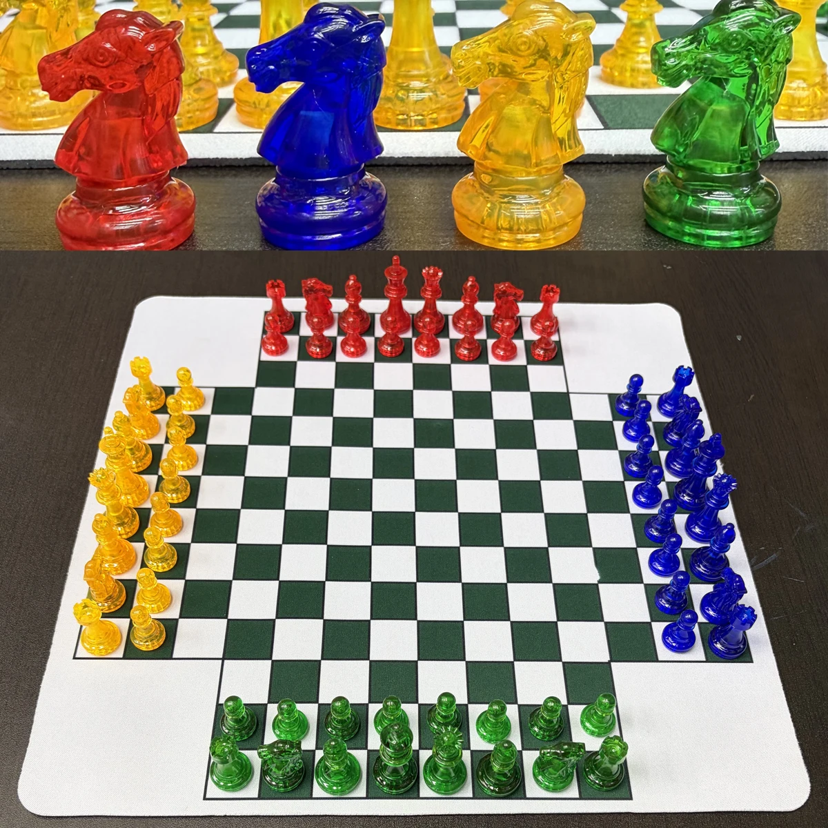 3-4 Players Chess Board Game Set 64 Piece Colorful Transparent Chess Piece, Team Chess Set with a Natural Rubber Game Mat