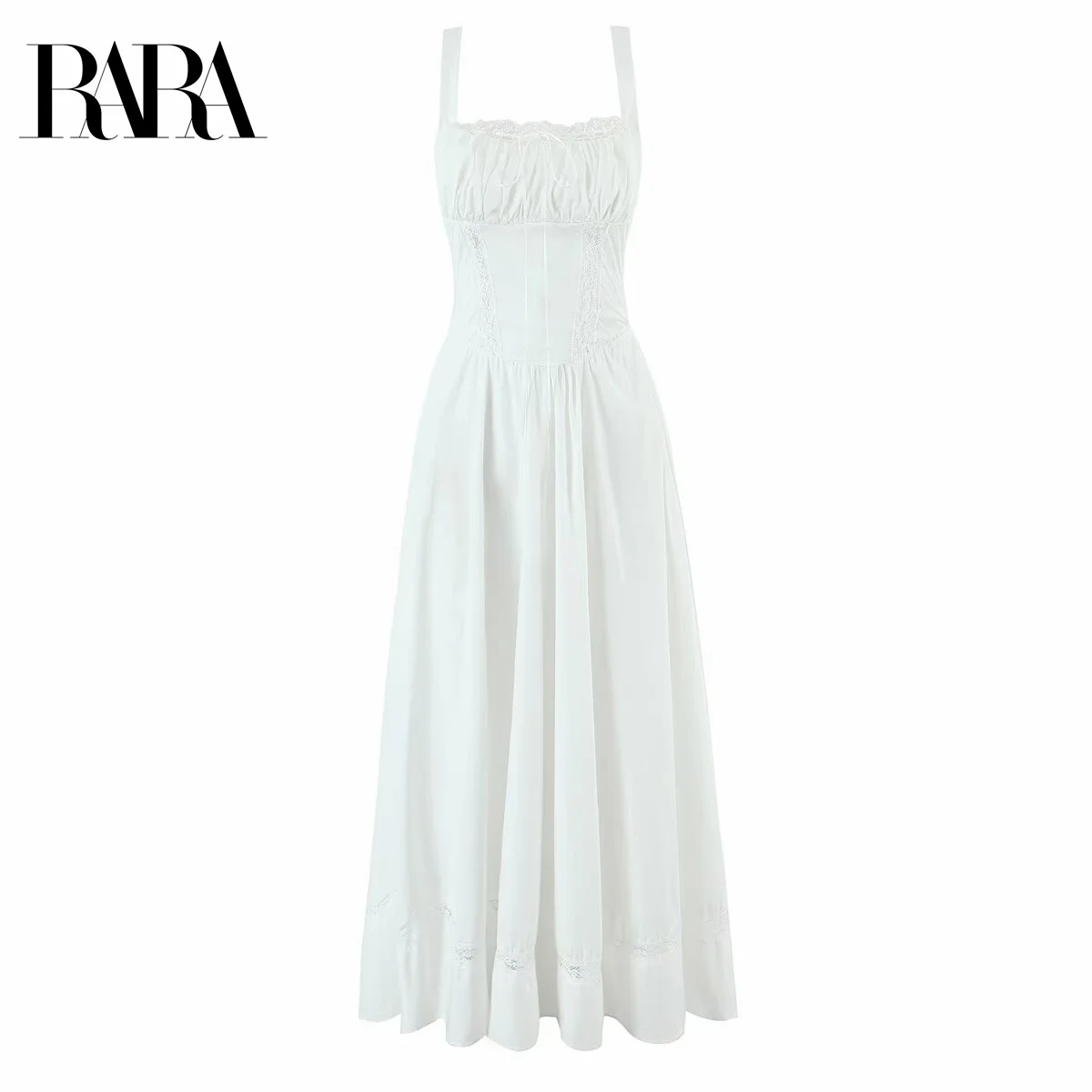 

RARA Womens Sleeveless Wide - strap Mid - length Solid - color Dress with Lace Hollow - out Decoration Stylish Womens Dress