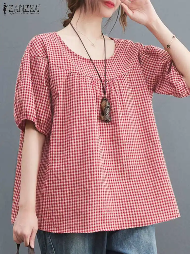 ZANZEA-camisa holgada de manga corta para mujer, blusa holgada Vintage a cuadros con cuello redondo, Tops informales a la moda, Túnica de verano