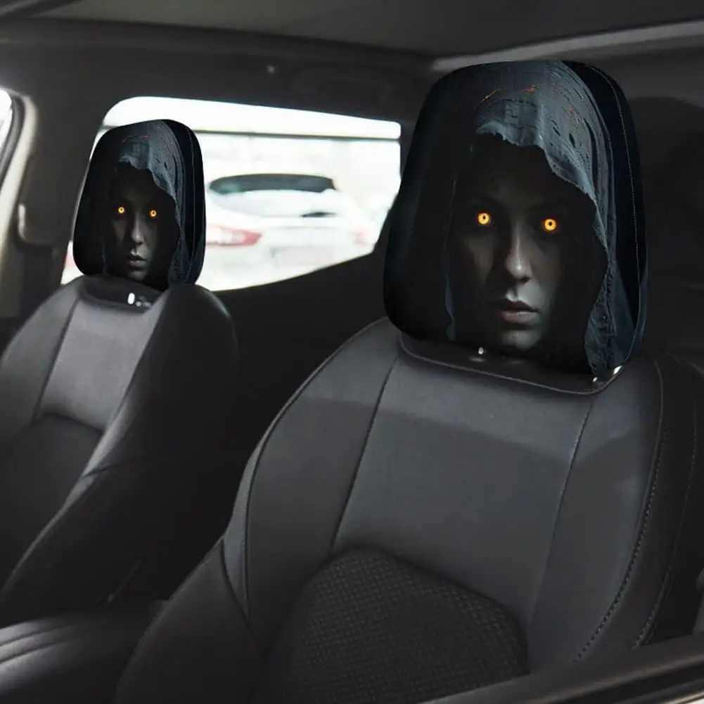 2/4 Stück Halloween Gruseliger Sensenmann-Druck Auto-Kopfstützenbezüge Horror-Stil Fahrzeugsitz-Kopfstützenabdeckung Halloween-Party Auto-Dekoration – Detail 4