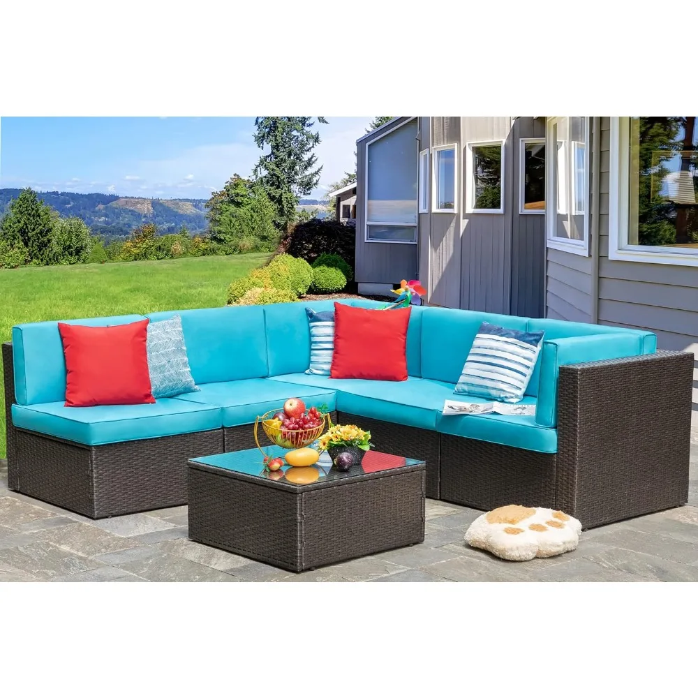 6 Piece Patio Furniture Set, Small Outdoor Sofa, PE Wicker L-Shaped Corner Sofa Garden Conversation Set with Glass Table