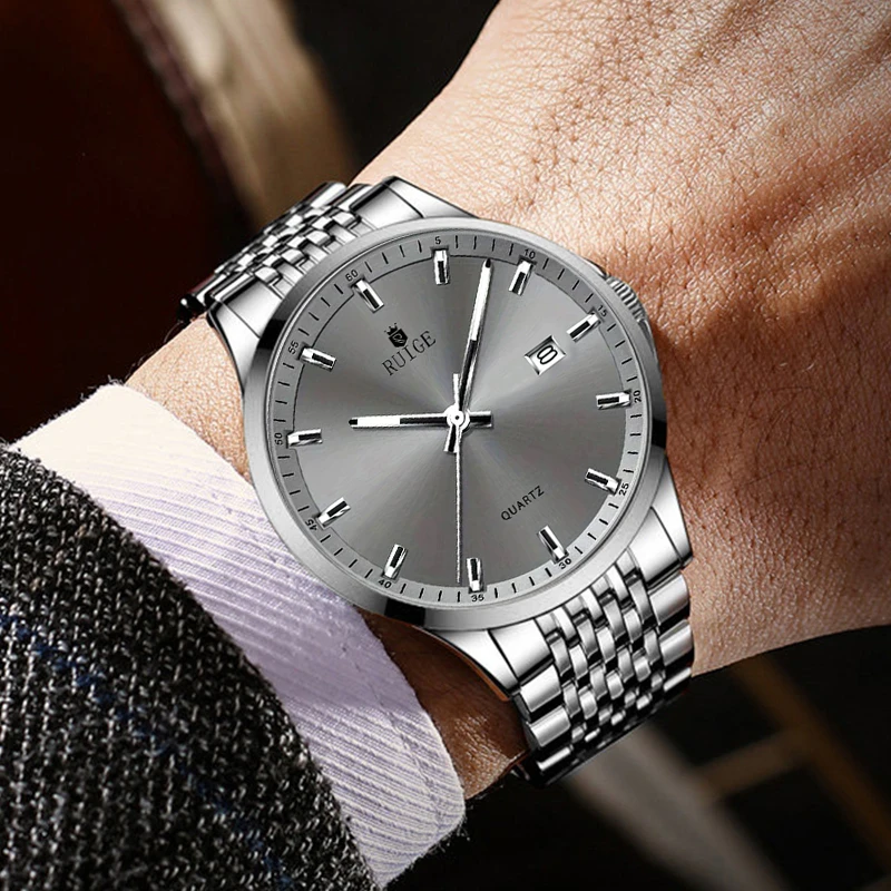 루이게 패션 비즈니스 남성용 쿼츠 시계 스테인리스 스틸 캘린더 남성용 야광 방수 트렌디 시계