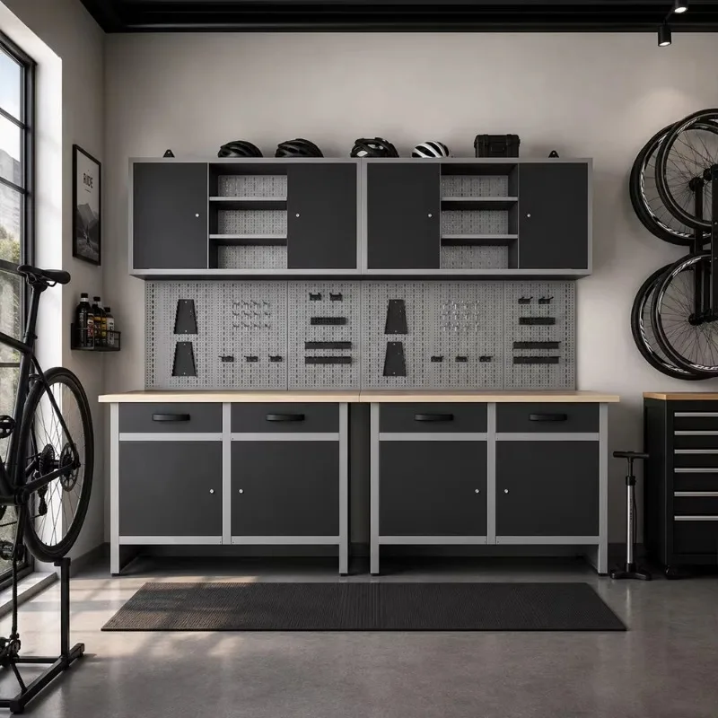 Heavy Duty Modular Garage Workbench with Wall Cabinets & Pegboard, Lockable Metal Storage Workshop Workstation