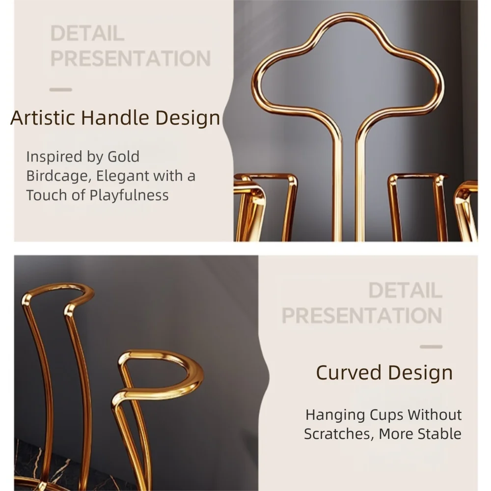 Gold Cup Holder with Water Drain Tray 360° Rotation Space Saving Mug&Cup Organizer Large Capacity Display Glass Cup Storage Rack