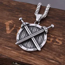 Vintage Vikings Warrior Sword Shield Necklace Men's Nordic Amulet Hip Hop Pendant Necklace Creative Punk Stainless Steel Jewelry