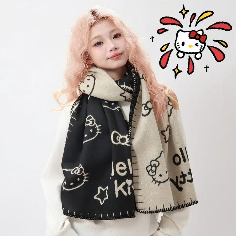 サンリオハローキティスカーフショール漫画暖かいスカーフ女性カシミヤロングテッセルエシャルプアニメ暖かいネックポンチョエシャルプソフトショール