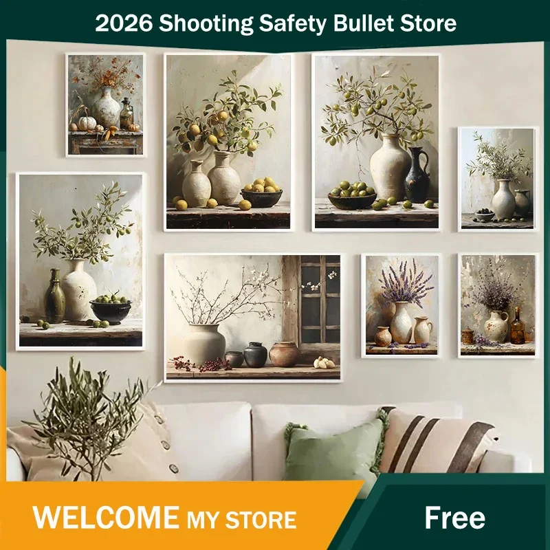 Vintage Still Life Poster Prints Lemon Olive Tree Plants in Vase Wall Art Canvas Painting Botanical Antique Home Room Decor