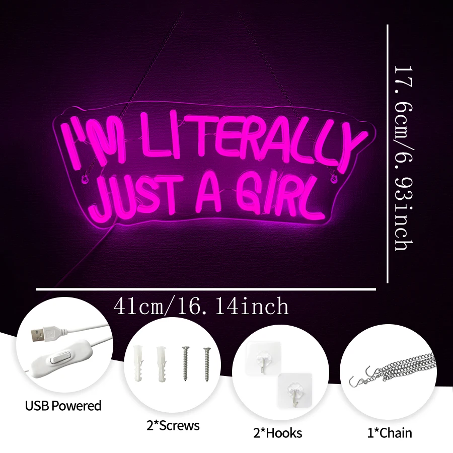 I'M Literally Just A Girl Neon Sign, Led Pink Letter Icon Wall Decor, Girls' Rooms, Bars, Clubs, Man Cave Wall Lamps Party Gifts