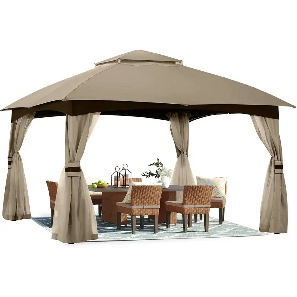 Khaki 10x12 Outdoor Gazebo with Mosquito Netting for Patio, Garden, and Deck Shade & Protection