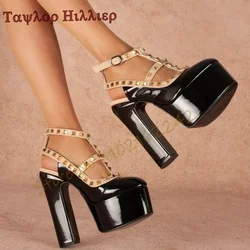 Women'S T-Strap Rivet High Heels Thick Heel Buckle Strap Platform Sandals Pumps Elegant Luxury Designer Slingback Women'S Shoes