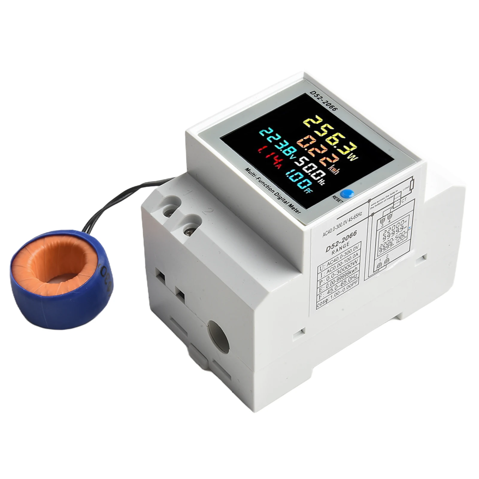 

Цифровой ЖК-вольтметр для монтажа на DIN-рейку с трансформатором тока, отображающий переменное напряжение от 80В до 450В и ток до 30А.