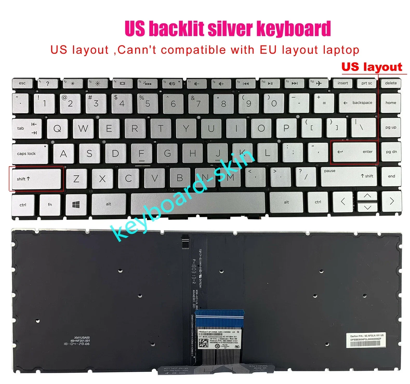 New US keyboard silver No-frame backlit for HP 14-CK 14t-dh 14-DK 14-DR 14s-DR 14-dq 14s-dq TPN-I131 240 G7 245 G7 246 G7 laptop