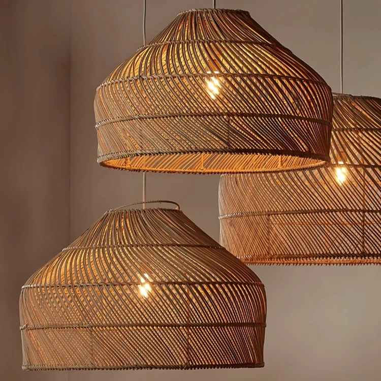 Wabi Sabi Hanging Chandelier Light Fixture Vintage Rattan Pendant Lamp for Dining Room Bedroom