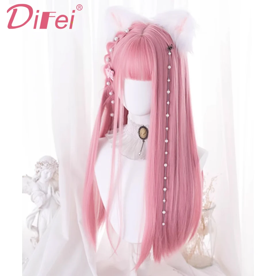 Difei pêssego rosa longa reta peruca sintética feminino doce lolita natural fofo franja reta longa reta festa cosplay peruca