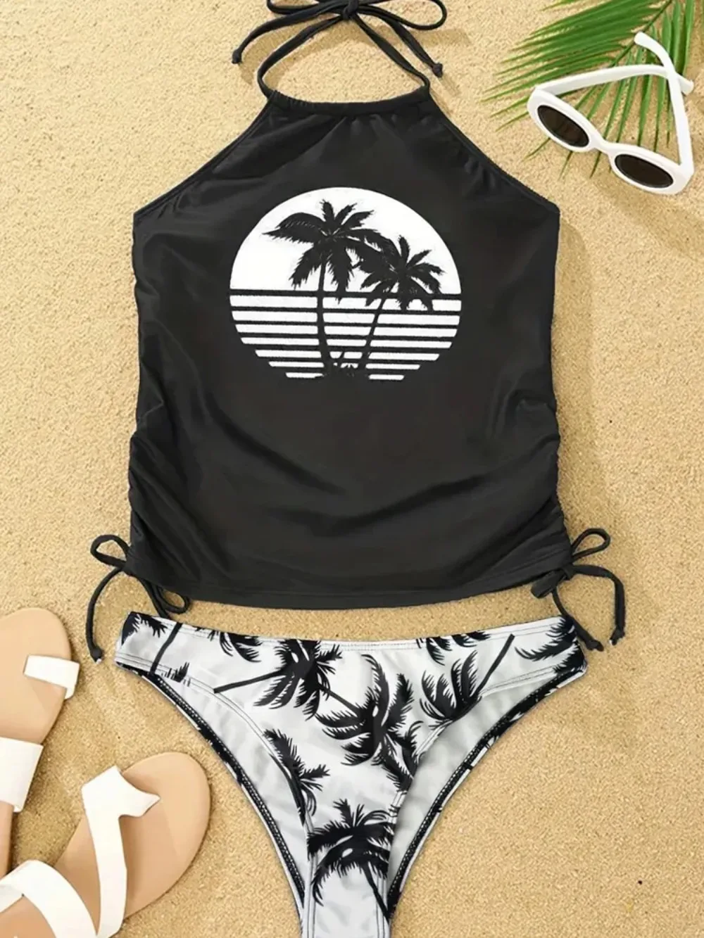 2024 Sexy Solid Print Tankini Set Tied Halter Swimsuit Women Swimwear Biquinis Summer Backless Beach Bathing Suit