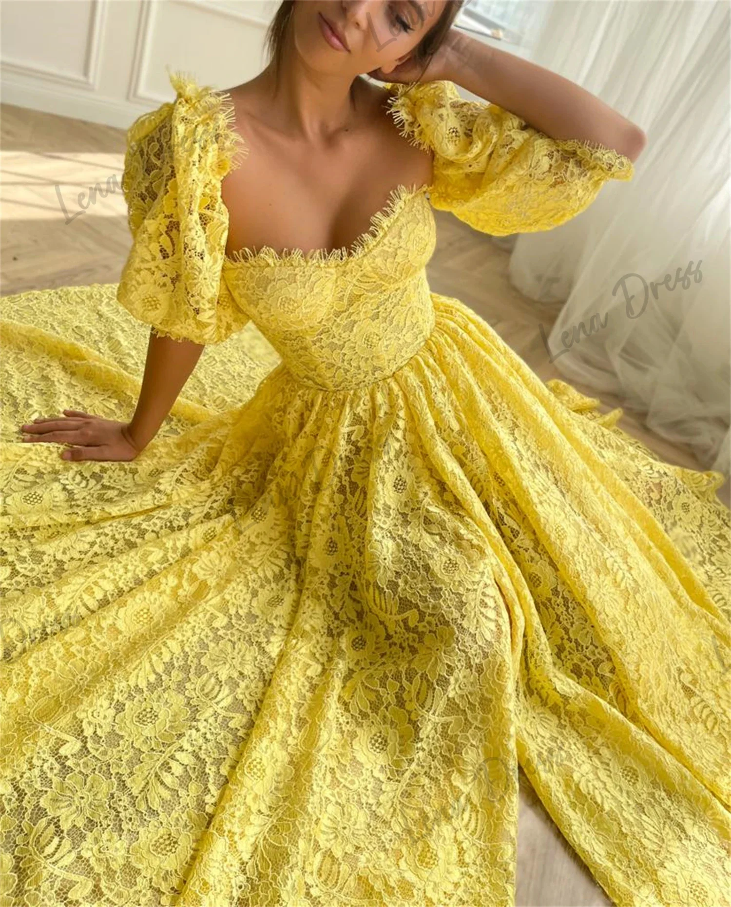 Lena Square Collar Women\'s Elegant Dresses for Parties 2024 Line A Evening Gown Lace Graduation Dresses Woman Yellow Ball Gowns