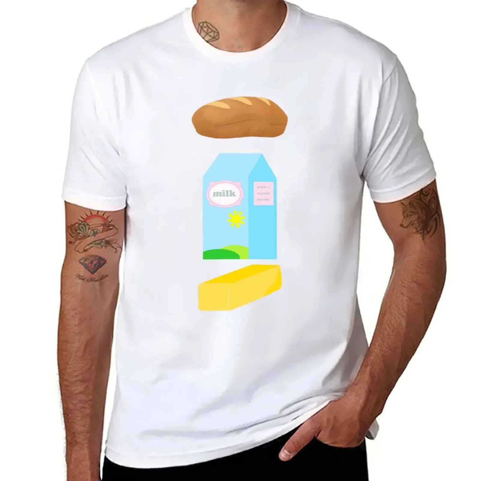 A loaf of bread, a container of milk, and a stick of butter T-Shirt quick drying customizeds plain black t shirts men