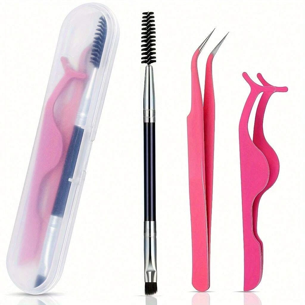 3Pcs Curved Tip Eyelash Tweezers Set With Storage Box False Eyelash Extension Tools Lash Curler Lash Brush