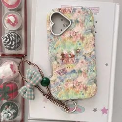 Ins Check Bowknot Rope Vintage Fundas for iphone 14promax 15pro 14 13 15 16 pro max 13pro painting flower plating phone case