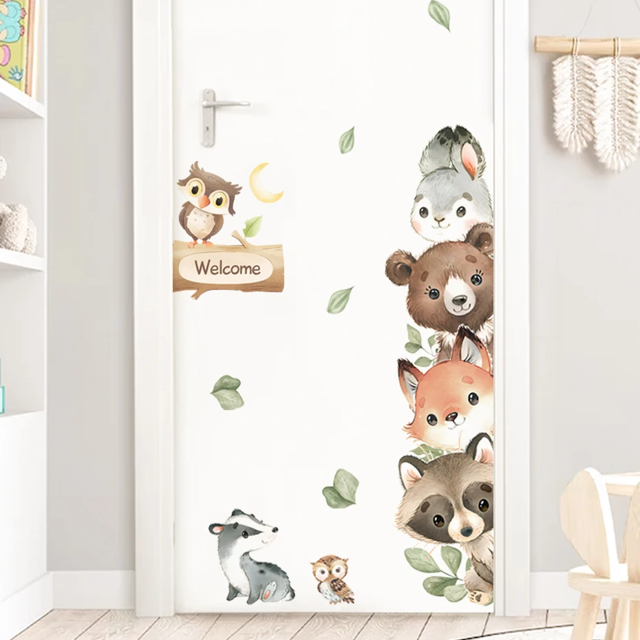 Door Stickers Cute Jungle Animals Elephant Giraffe Watercolor Wall Sticker for Kids Room Baby Nursery Room Decals Home Decor