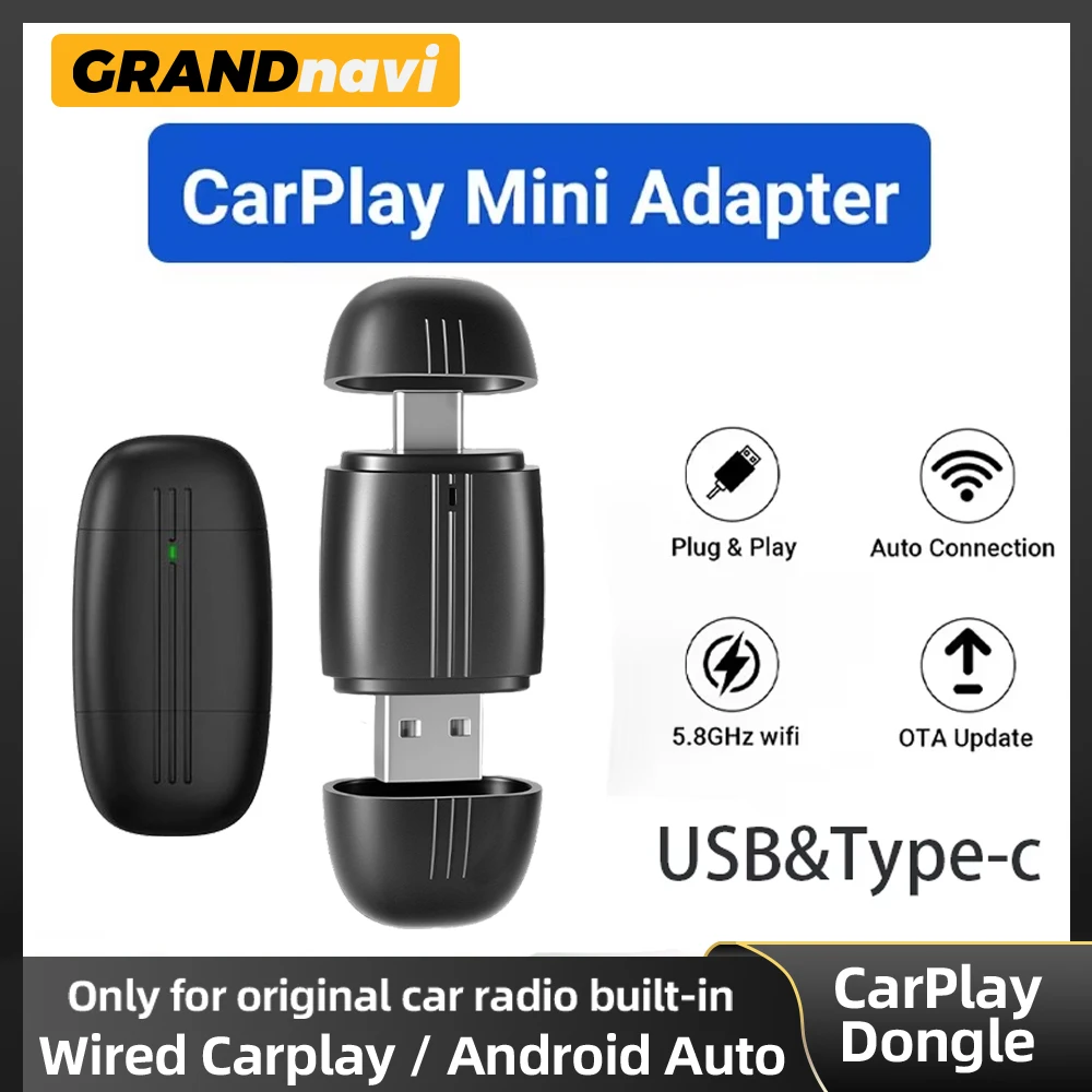 2IN1 Wireless CarPlay/Android Auto Wireless Dual Interface USB/TYPE-C Adapter Mini Box Plug Fast Connect Universal