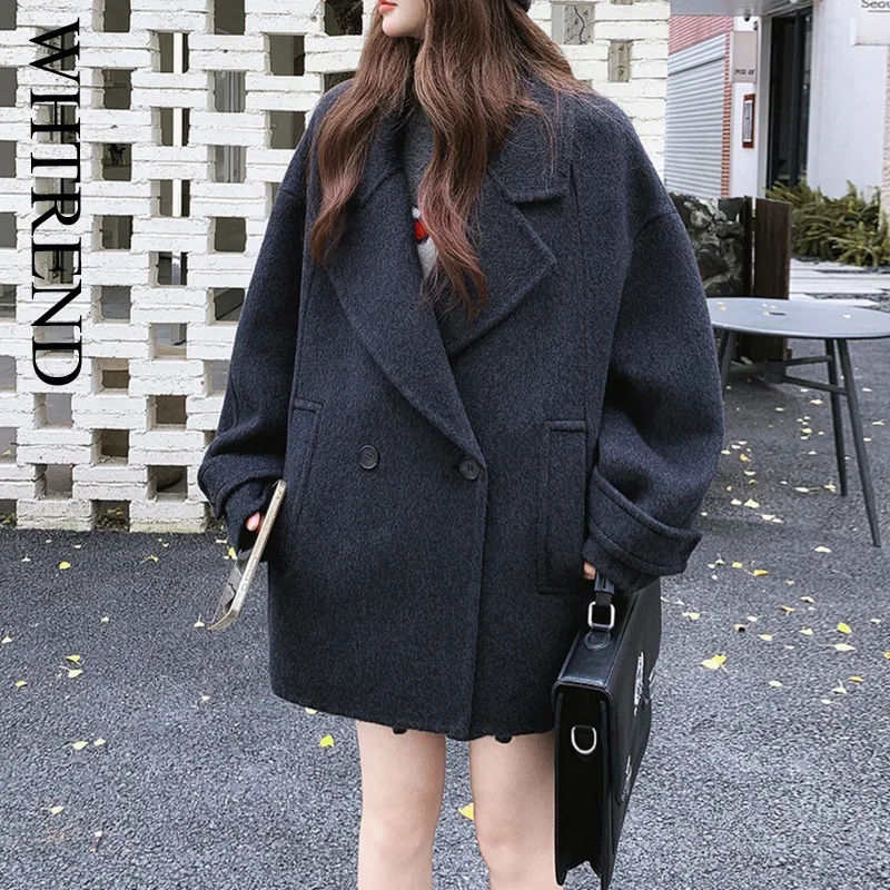 

WHTREND Double-sided Wool Coat For Women Notched Collar Long Sleeves Big Size Office Lady Winter Coats New WH2104