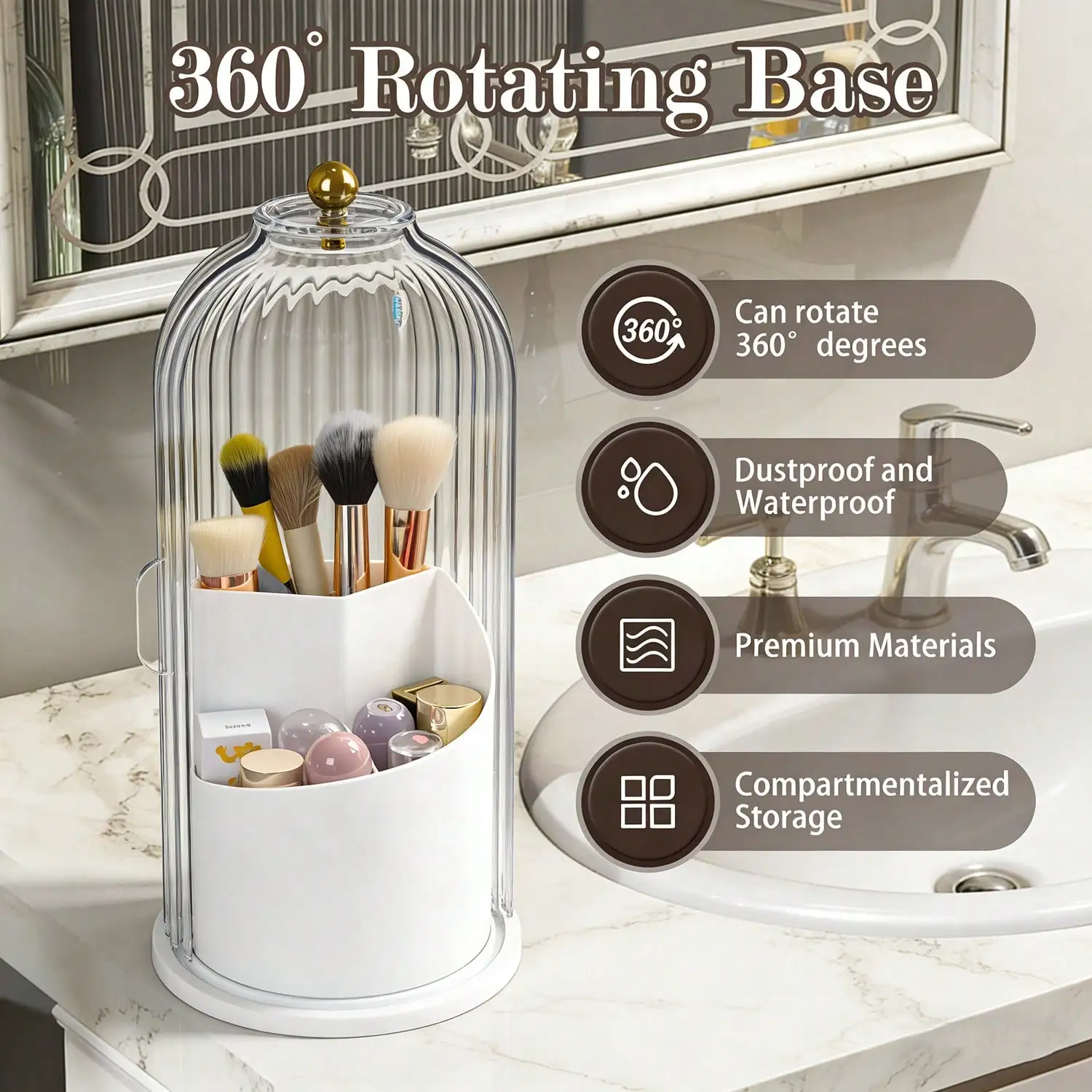 Rotating Bathroom Organizer With Sliding Lid-3 Slots No-Drill Water-Resistant Countertop Storage For Toothbrushes Toothpaste Makeup Brushes,Water-Resistant Dustproof Bathroom Organizer,Home Living Bathroom Storage & Organization,360° Rotating Easy-Access