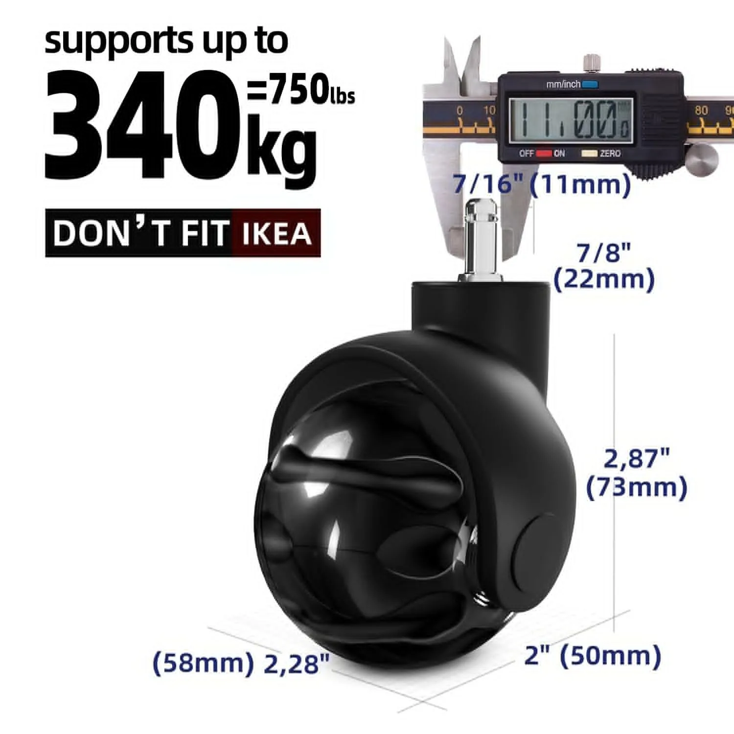 Office Ball Chair Wheels Replacement - 2 Inch Heavy Duty Rolling Chair Casters, Safe for All Floor, Set of 5, 11x22mm Fit
