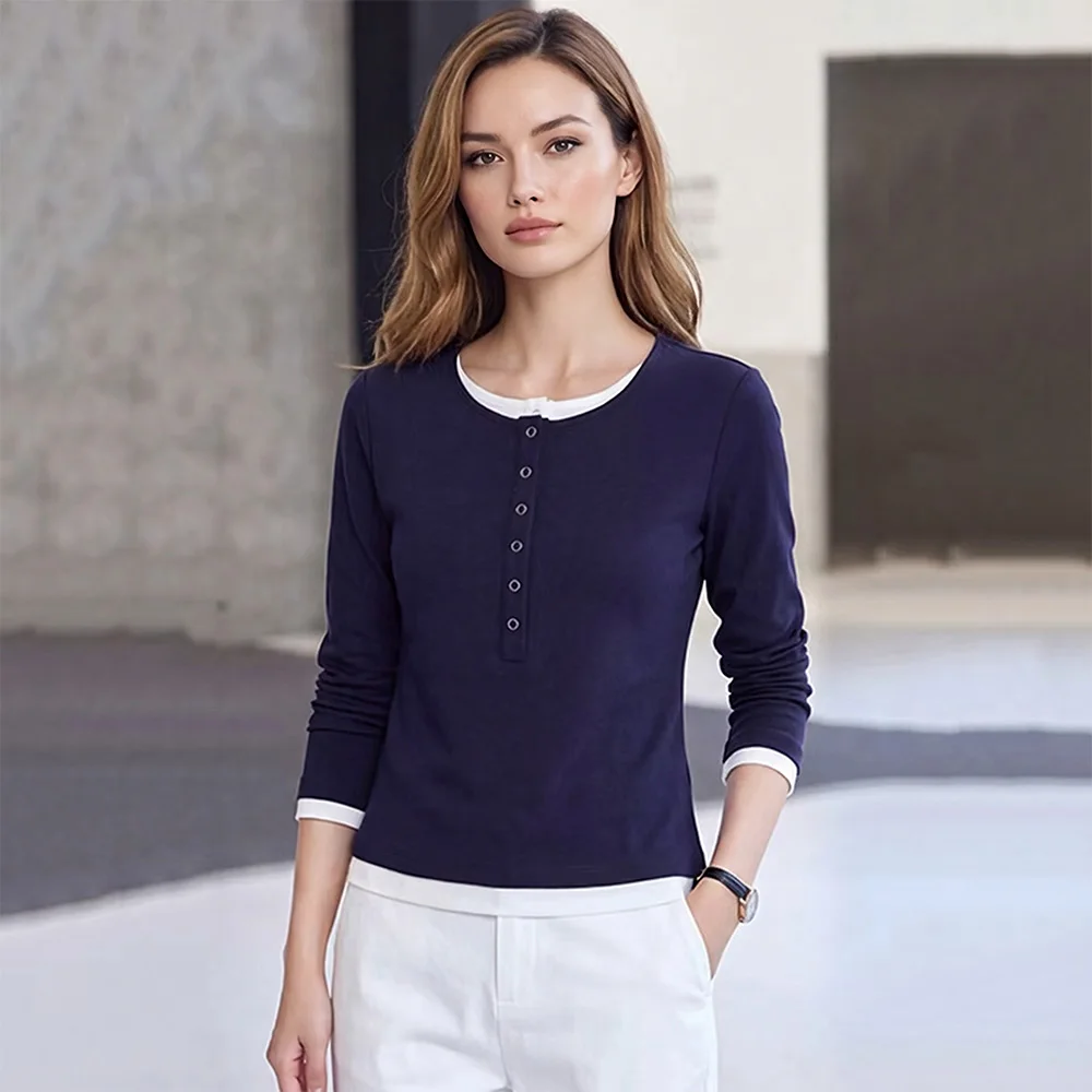 New Women Casual Daily T-shirt Spring Autumn Fashion Contrast Color Patchwork O-Neck Long Sleeve Slim Pullover T-shirt