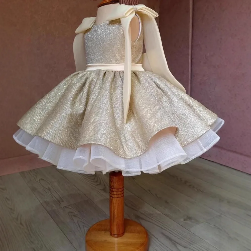 Champagne sleeveless princess dress for Kids Girls Costumes Wedding Birthday Party Big bow new year Children’s Dress