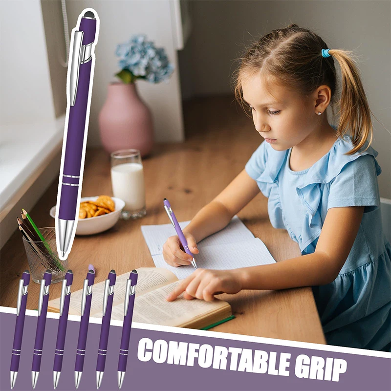 قلم حبر جاف ناعم يعمل باللمس بالمطاط مع طرف قلم ، قلم معدني بحبر أسود ، قلم حبر واحد إلى