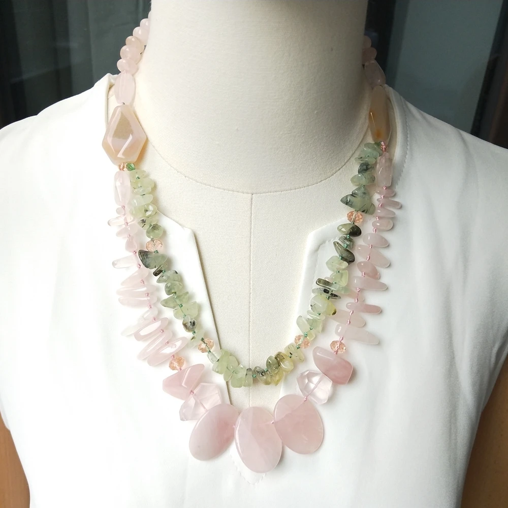 Lii Ji Real Stone Necklace Prehnite Rose Quartz Agate Double Layer 55cm Women Necklace Jewelry Gift