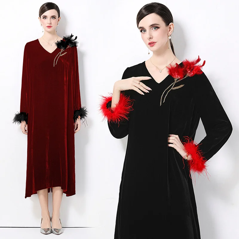 Vestido Ele V-Ne con Decoración Floral 3D y Plumas en los Hombros para Eventos Formales, Largo, Corte en A, Poliéster