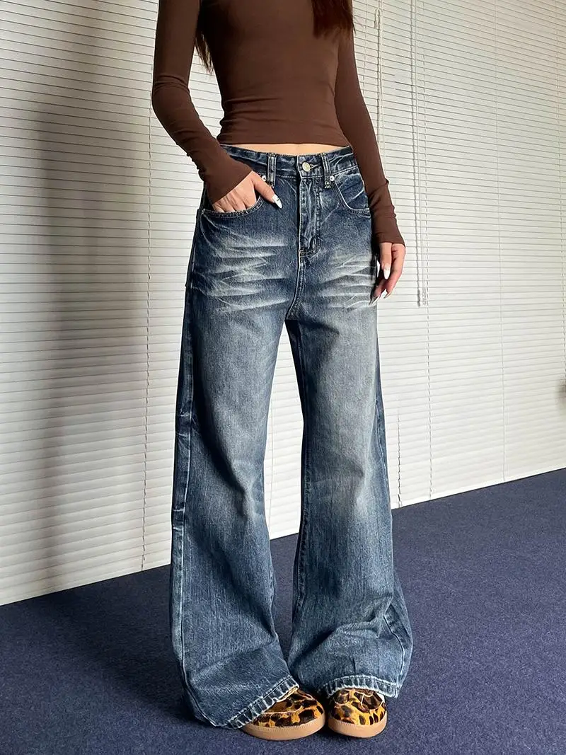 

American Vibe High Street Retro Washed Distressed Micro Flare Jeans Men Women Loose Straight Leg Floor-Length Pants