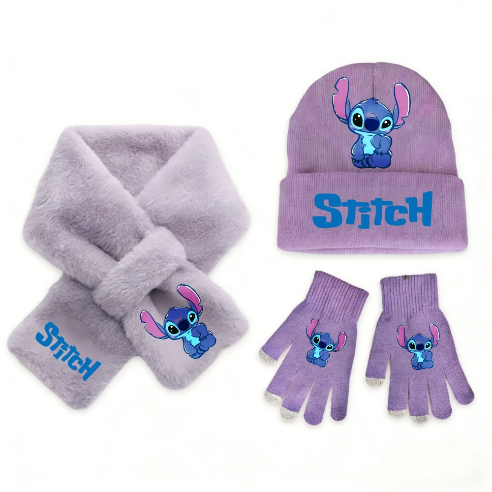3 個ディズニーステッチファッションカジュアルアクセサリー冬暖かいかわいいニット帽子スカーフグローブセット女の子子供用完璧なクリスマスギフト