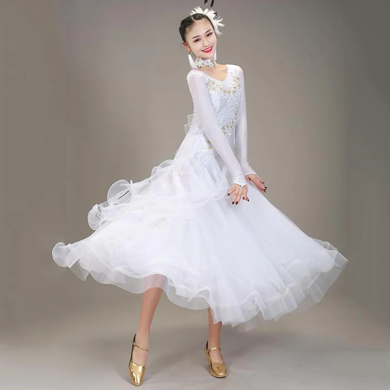 Ballroom Dance Dress Women Competition Long Sleeves Modern Costumes Big Swing Standard Party Waltz Stage Performance Clothes