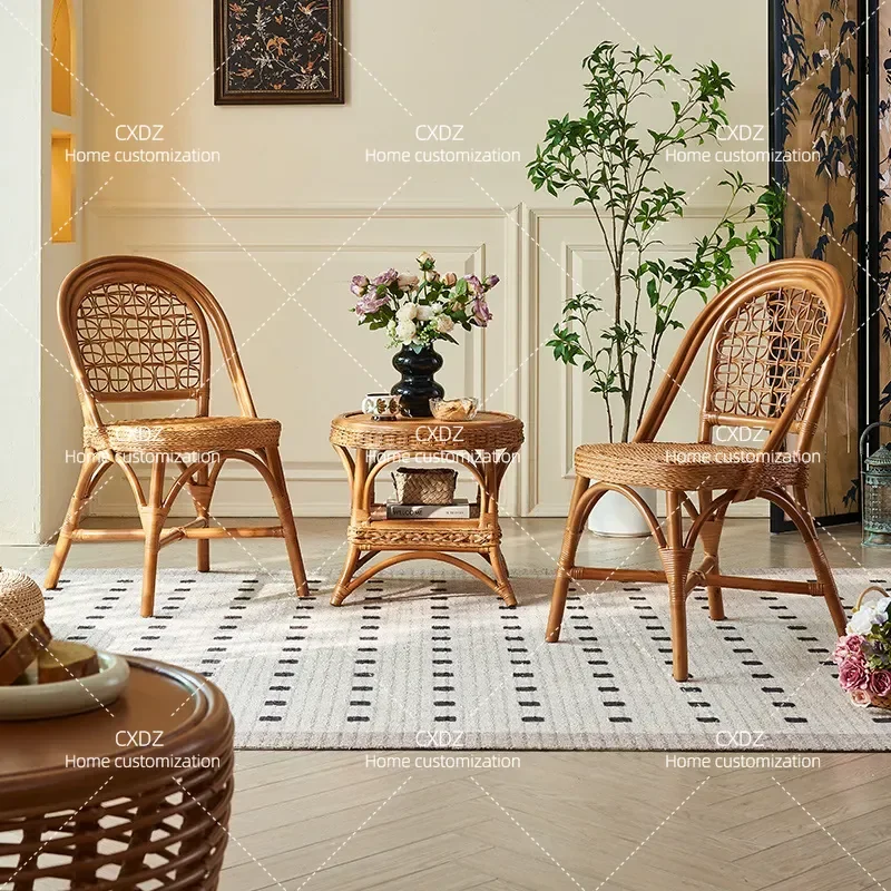 New Chinese Style Rattan Leisure Chair Hand Woven Living Room Furniture Homestay Hotel Seating with Coffee Table Combination