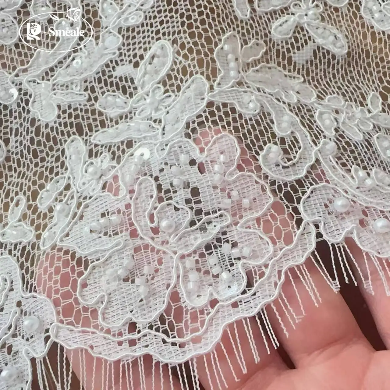 1,5 Meter/Stück. Seilstickerei, weiße, genähte Perlenspitze, Spitzenkopfschleier, Hochzeitskleid, dekorative Accessoires, handgemachte Spitze zum Selbermachen – Detail 5