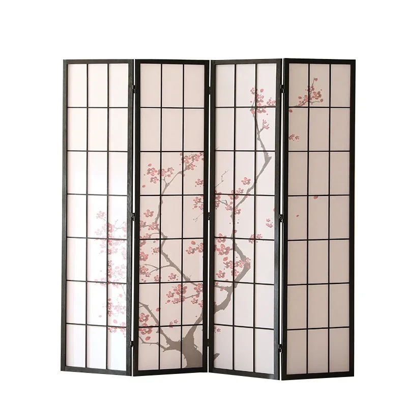 Black frame Japanese screen folding mobile partition living room with baffle simple wooden cinnamon grid plum blossom pattern