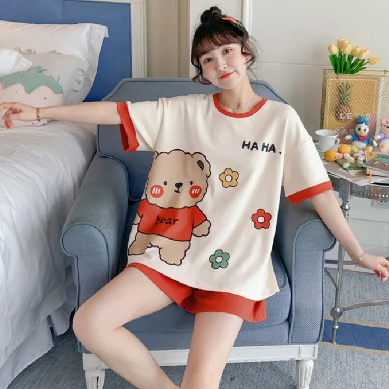 Sweet Cute Nightwear Women Thin Short Sleeve Cartoon Bear Pajamas O-Neck Pullover Student Sleepwear Loungewear Set Korean